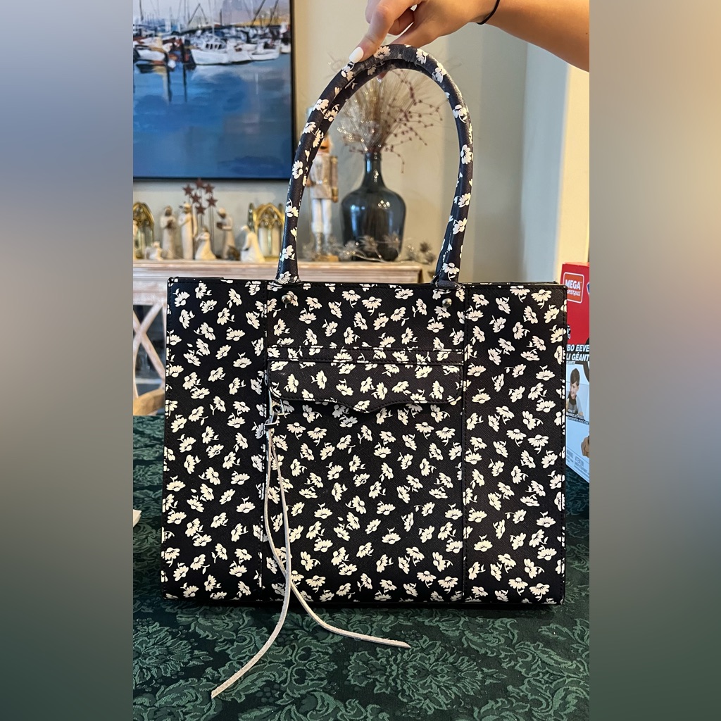 Rebecca Minkoff Mab Saffiano Leather Shoulder Tote Bag Black/White Floral